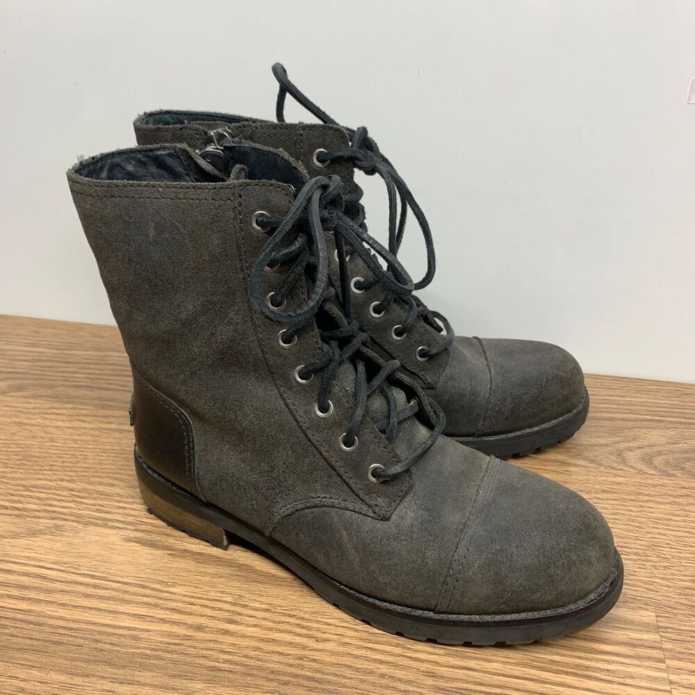 UGG Kilmer Boots Women 7 Black Leather Sherpa‎ Lined Lug Sole Punk Grunge Combat